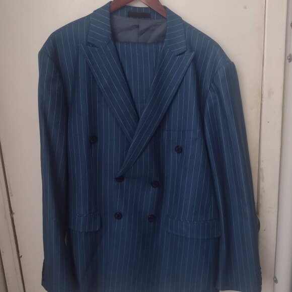 YND Slim Fit Double-Breasted Pinstripe Suit, Blue 3XL, ALTERED CUFFS & LEGS - Picture 1 of 7